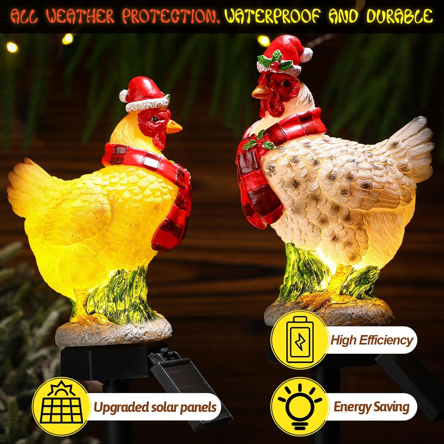 2 Pack Christmas Chicken Solar Light with Stake Outdoor Waterproof Chicken Statue Solar Light for Winter Home Patio Garden Yard Lawn Pathway Walkway Xmas Outdoor Decoration